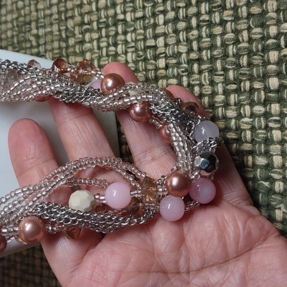 Pink Moonstone, Aurora Borealis and Faux Pearl Necklace - Picture 2 of 3